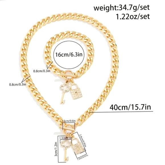 Silvertone Chain Lock & Key Necklace Bracelet Set Womens Gift Statement Jewelry - Picture 7 of 7